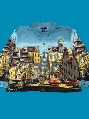 Vintage 90s Artscape San Francisco Trolly Scene Button Up